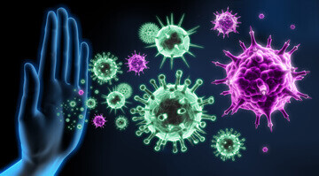 Illustration représentant une main bloquant de virus et bactéries