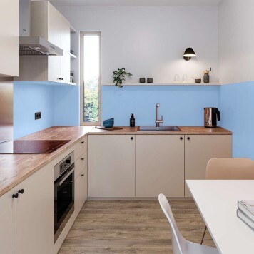 Réalisation cabinet médical avec Panneau mural décoratif intérieur PVC Satiné Bleu "Flint" Altro Whiterock Satins
