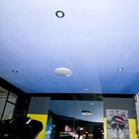 Faux plafond d'une salle de sport en dalles acoustiques couleur outremer