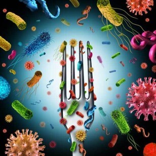 Illustration représentant une fourchette, des microbes et des virus