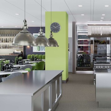 Réalisation salle restaurant avec panneau mural décoratif brillant vert pistache "Eau de Chic" Altro Whiterock Chameleon