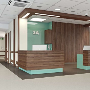 Réalisation réception hôpital avec panneau mural décoratif brillant Vert Jade "Sheer Glass" Altro Whiterock Chameleon