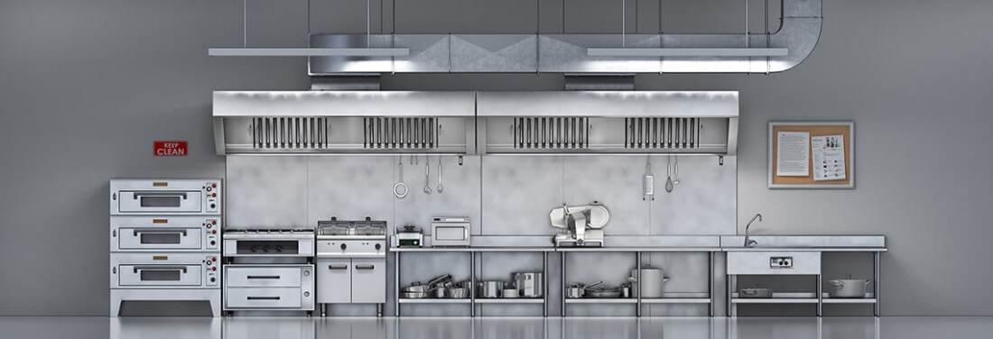 Visualisation 3D d'un côté d'une cuisine professionnelle