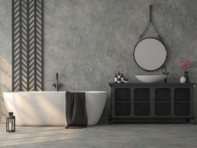 salle de bain avec revêtement muraux texturés gris