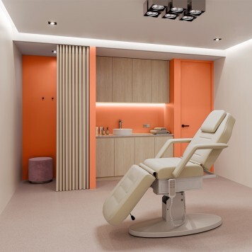 Réalisation cabinet médical avec Panneau mural décoratif intérieur PVC Satiné Orange "Bergamot" Altro Whiterock Satins