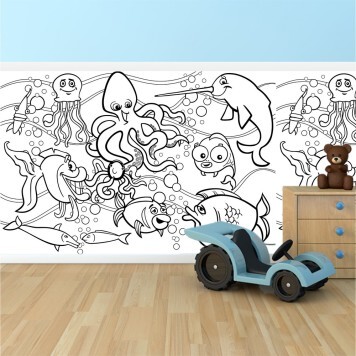 Panneau mural PVC fresque murale à colorier effaçable à sec Motif Monde Sous-Marin pour enfants