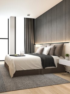chambre d'hotel avec plaque pvc simili bois