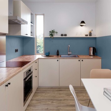 Réalisation hall d'accueil avec Panneau mural décoratif intérieur PVC Satiné Bleu "Twilight" Altro Whiterock Satins