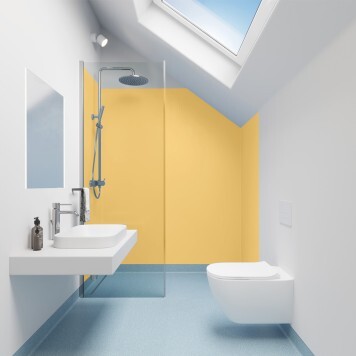 Réalisation hall d'accueil avec Panneau mural décoratif intérieur PVC Satiné Jaune "Honeydew" Altro Whiterock Satins